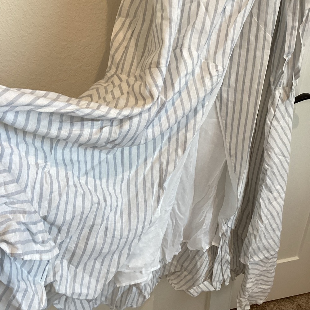 Anthropologie Maeve Tiered Linen Asymmetrical Wrap Dress NEW Large Grey Stripe - Picture 8 of 15
